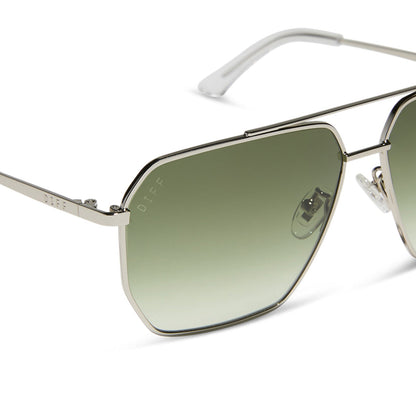 diff eyewear featuring the berkely navigator sunglasses with a silver frame and cool matcha gradient lenses detailed view