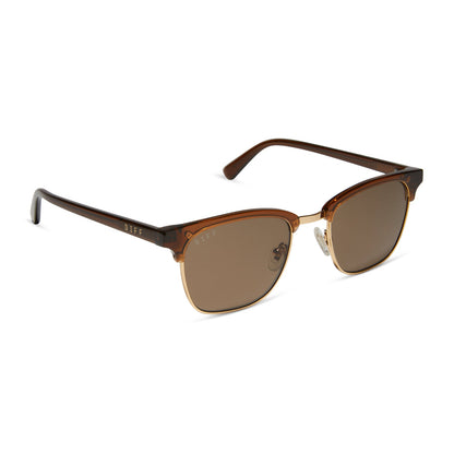 diff eyewear biarritz square sunglasses with a whiskey/gold frame and brown polarized lenses angled view