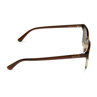 diff eyewear biarritz square sunglasses with a whiskey/gold frame and brown polarized lenses side view