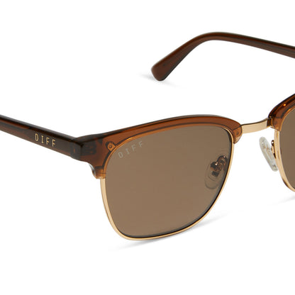 diff eyewear biarritz square sunglasses with a whiskey/gold frame and brown polarized lenses detailed view