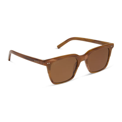 diff eyewear featuring the billie square sunglasses with a longhorn brown frame and brown polarized lenses angled view