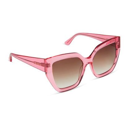 diff eyewear blaire oversized square sunglasses with a candy pink crystal acetate frame and brown gradient lenses angled view