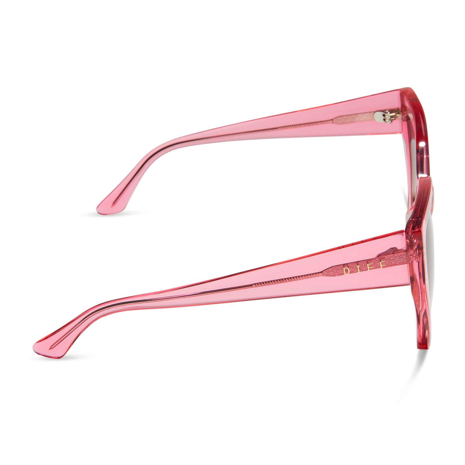 diff eyewear blaire oversized square sunglasses with a candy pink crystal acetate frame and brown gradient lenses side view