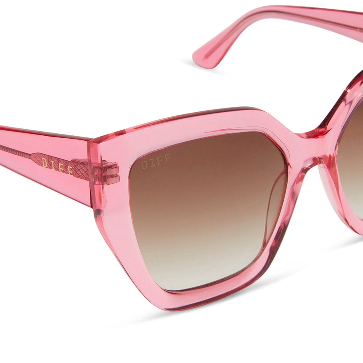 diff eyewear blaire oversized square sunglasses with a candy pink crystal acetate frame and brown gradient lenses detailed view