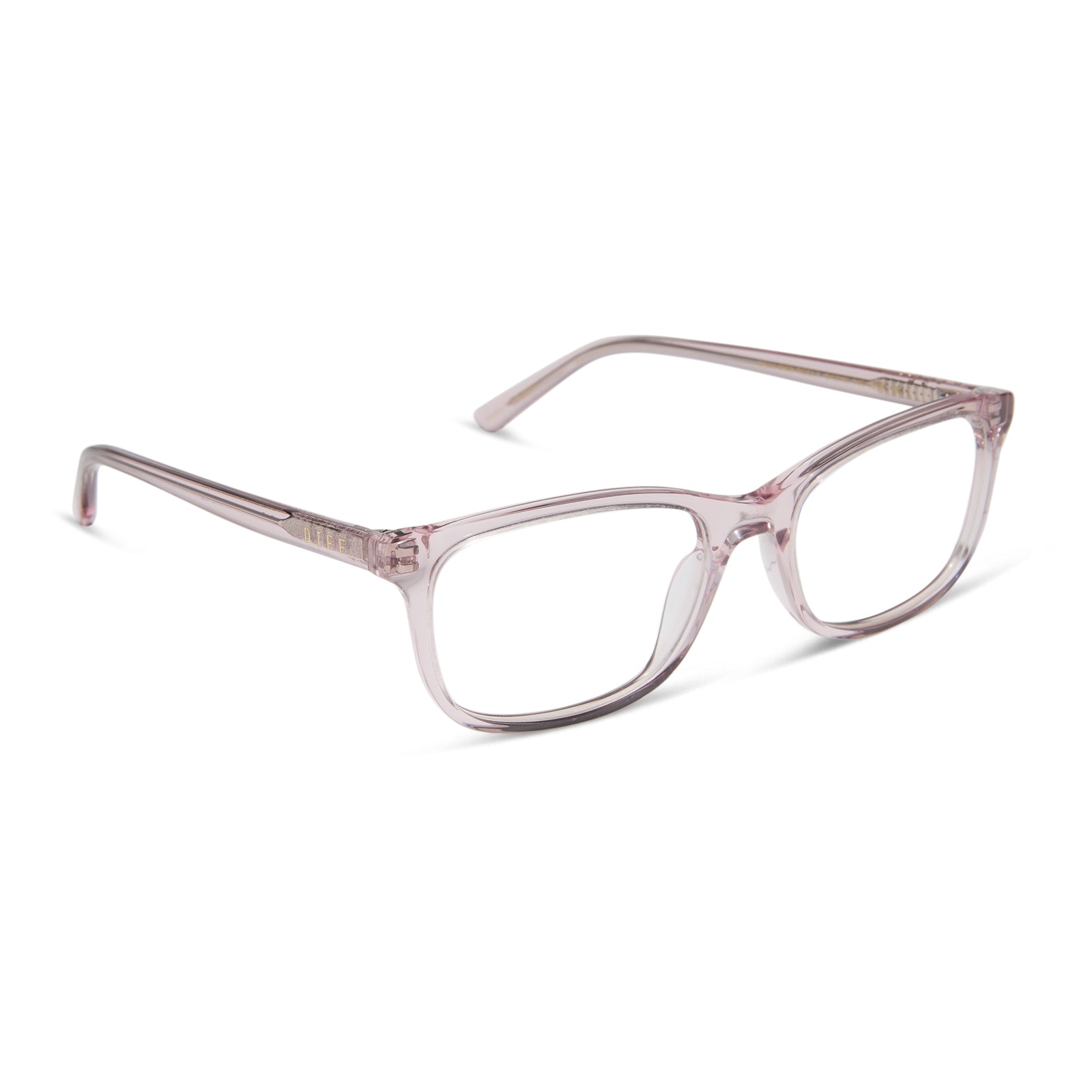 diff eyewear featuring the bradford rectangle prescription glasses with a rose crystal frame angled view