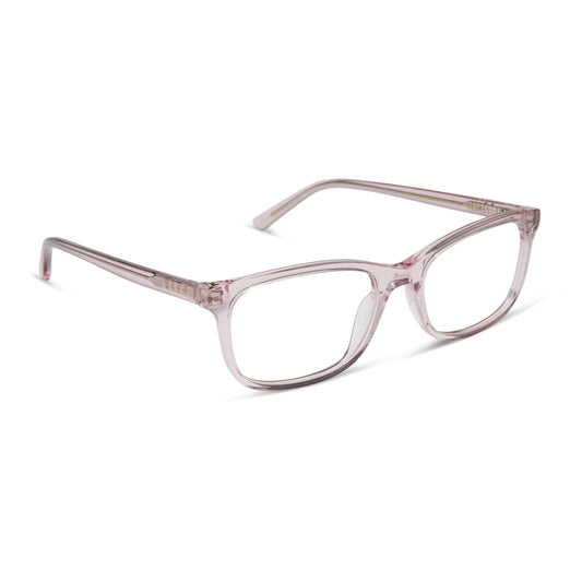 diff eyewear featuring the bradford rectangle prescription glasses with a rose crystal frame angled view