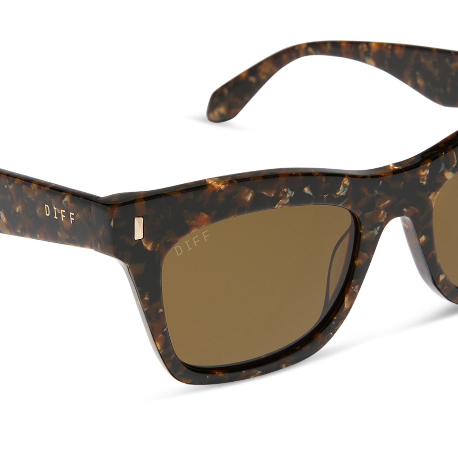 diff eyewear featuring the bradley cat eye sunglasses with a glitter tortoise frame and brown polarized lenses detailed view