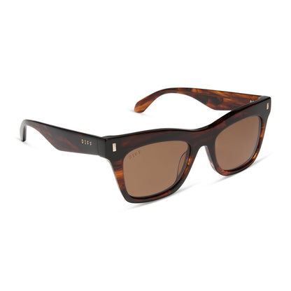 diff eyewear featuring the bradley cat eye sunglasses with a sequoia tortoise frame and brown lenses angled view