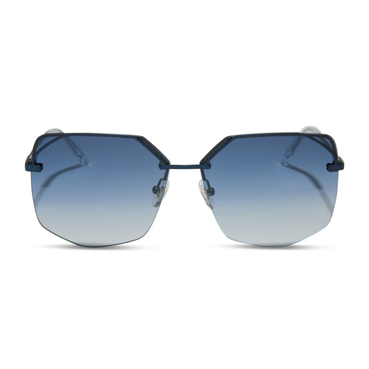 diff eyewear featuring the bree square sunglasses with a deep navy metal frame and aegean blue flash lenses front view