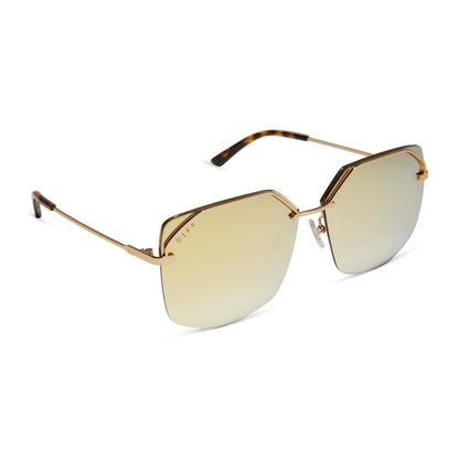 diff eyewear bree oversized square sunglasses with a macchiato gold metal frame and brilliant gold mirror polarized lenses angled view