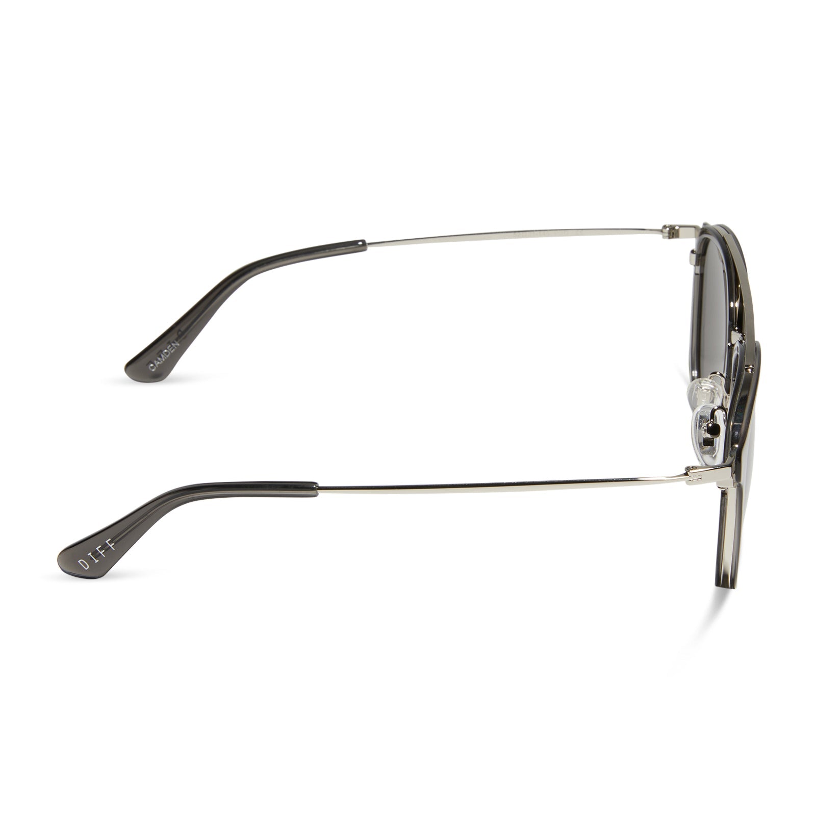 diff eyewear featuring the camden aviator sunglasses with a black smoke crystal frame and grey polarized lenses side view