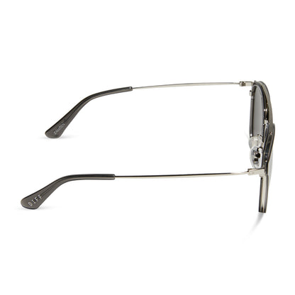 diff eyewear featuring the camden aviator sunglasses with a black smoke crystal frame and grey polarized lenses side view