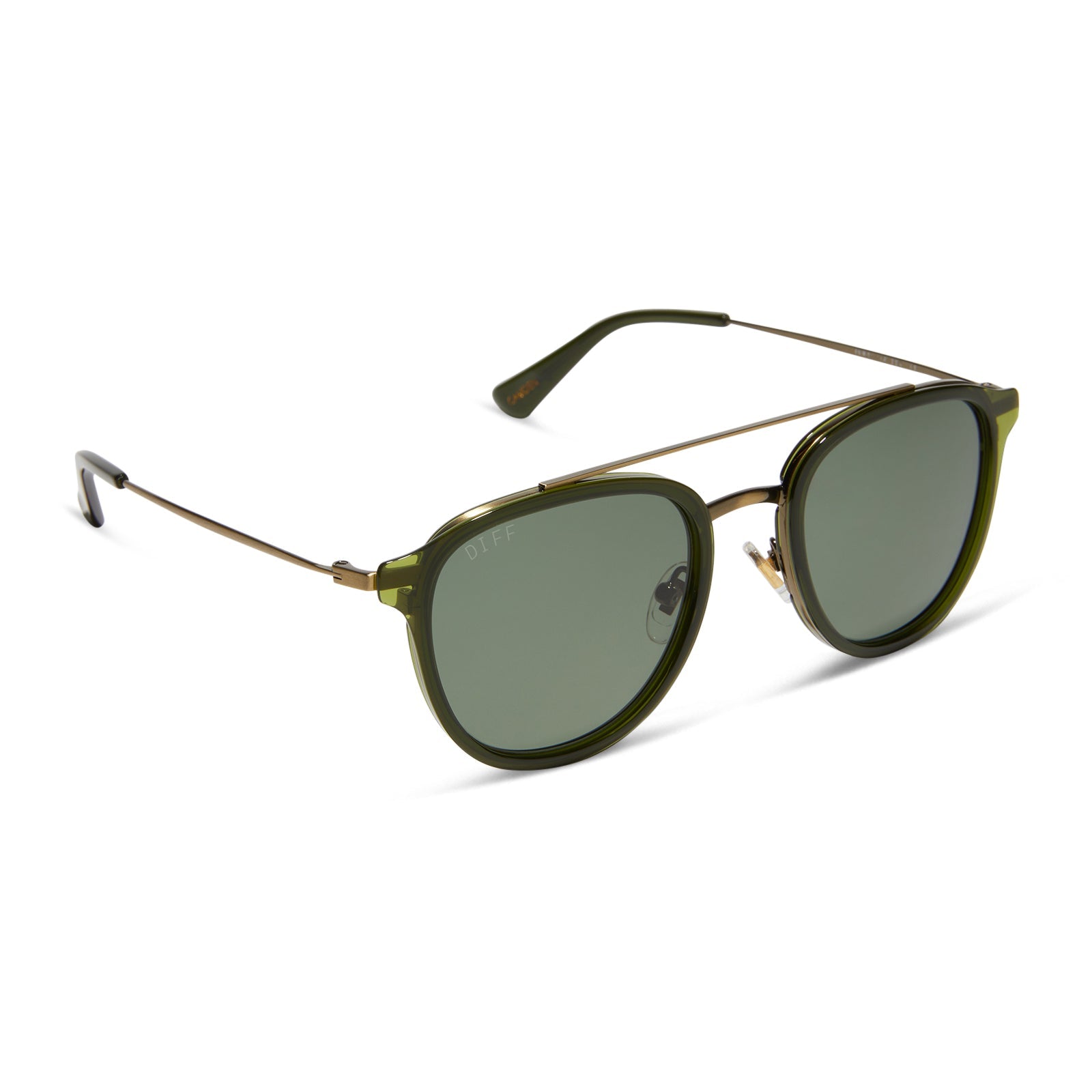 diff eyewear featuring the camden aviator sunglasses with a dark olive crystal frame and g15 polarized lenses angled view