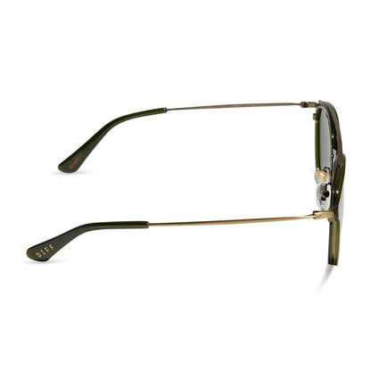 diff eyewear featuring the camden aviator sunglasses with a dark olive crystal frame and g15 polarized lenses side view