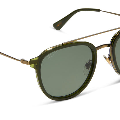 diff eyewear featuring the camden aviator sunglasses with a dark olive crystal frame and g15 polarized lenses detailed view