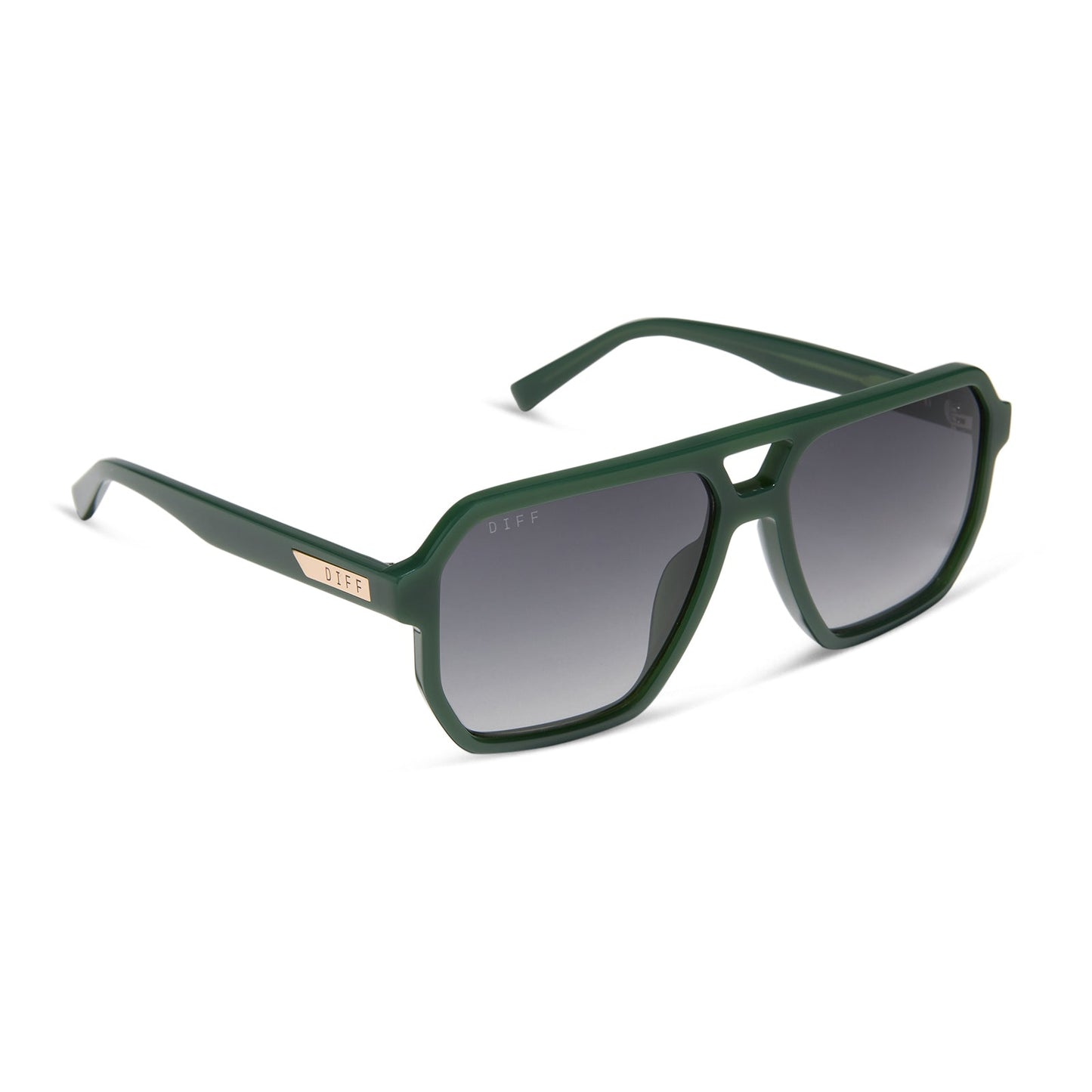diff eyewear featuring the cameron navigator sunglasses with a fairway green acetate frame and grey gradient polarized lenses angled view