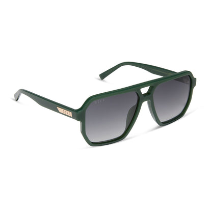 diff eyewear featuring the cameron navigator sunglasses with a fairway green acetate frame and grey gradient polarized lenses angled view