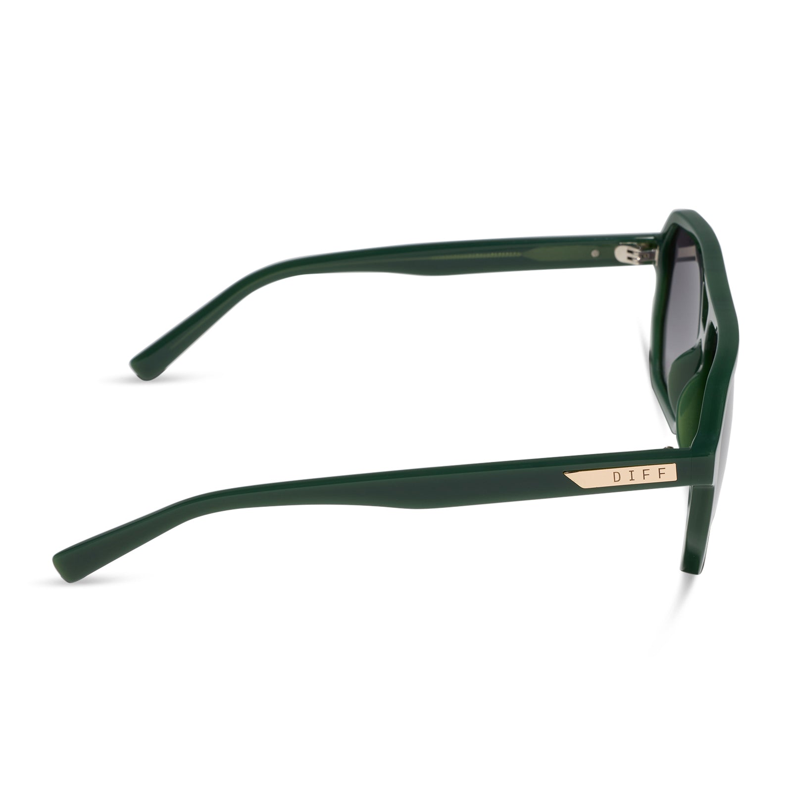 diff eyewear featuring the cameron navigator sunglasses with a fairway green acetate frame and grey gradient polarized lenses side view