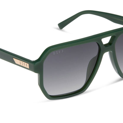 diff eyewear featuring the cameron navigator sunglasses with a fairway green acetate frame and grey gradient polarized lenses detailed view
