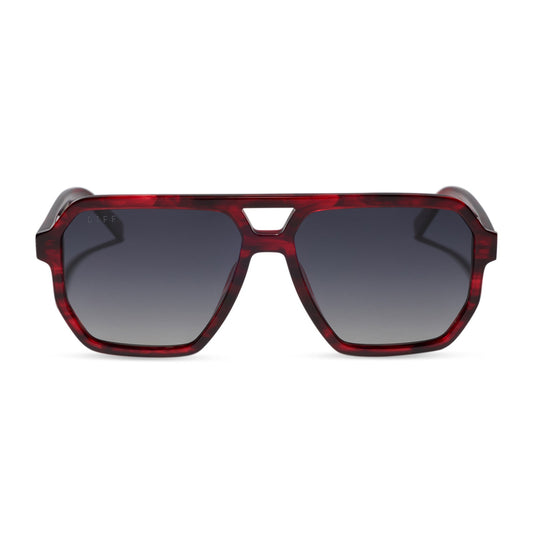 diff eyewear cameron navigator sunglasses with a rich red tortoise acetate frame and grey gradient polarized lenses front view