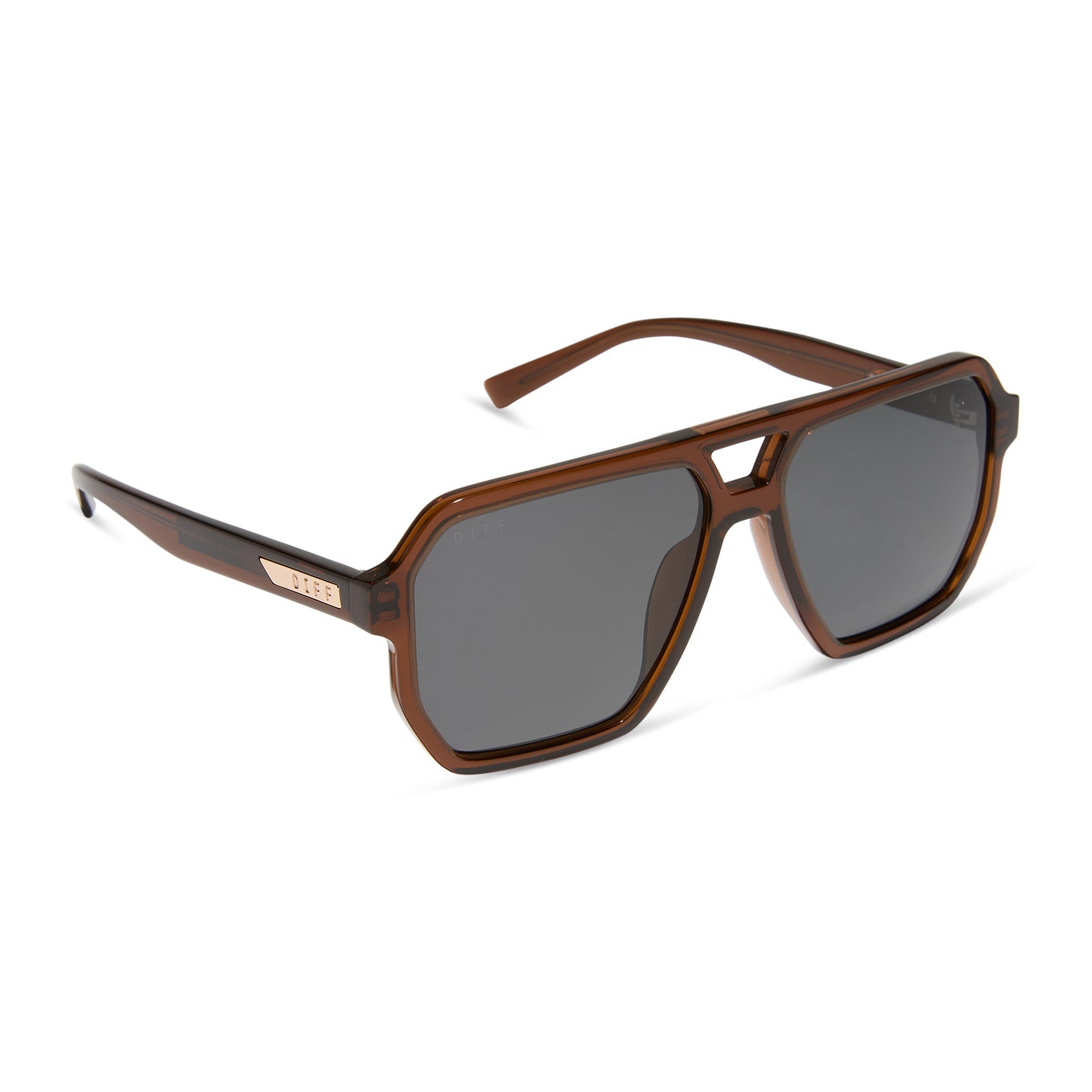 diff eyewear featuring the cameron navigator sunglasses with a whiskey brown frame and grey polarized lenses angled view
