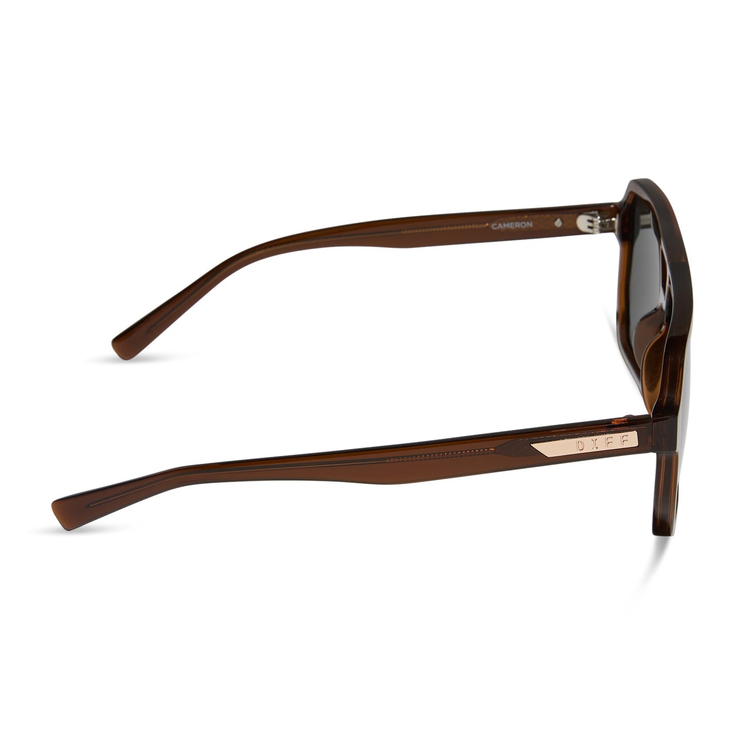 diff eyewear featuring the cameron navigator sunglasses with a whiskey brown frame and grey polarized lenses side view