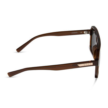 diff eyewear featuring the cameron navigator sunglasses with a whiskey brown frame and grey polarized lenses side view