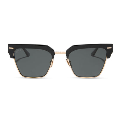 diff eyewear featuring the capri rectangle sunglasses with a black frame and grey polarized lenses front view