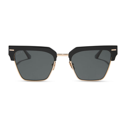 diff eyewear featuring the capri rectangle sunglasses with a black frame and grey polarized lenses front view