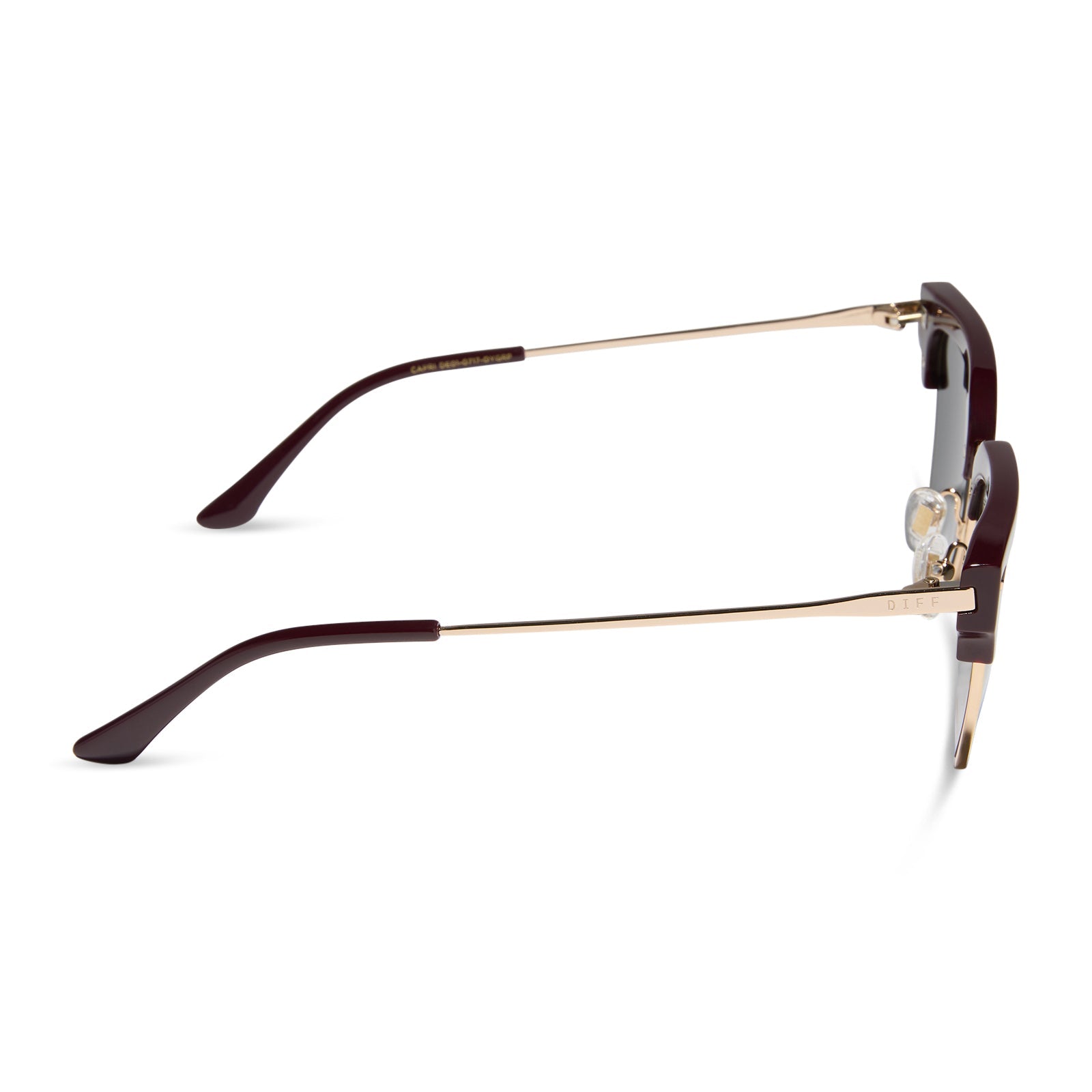 diff eyewear featuring the capri rectangle sunglasses with a dark cherry lacquer frame and grey polarized lenses side view
