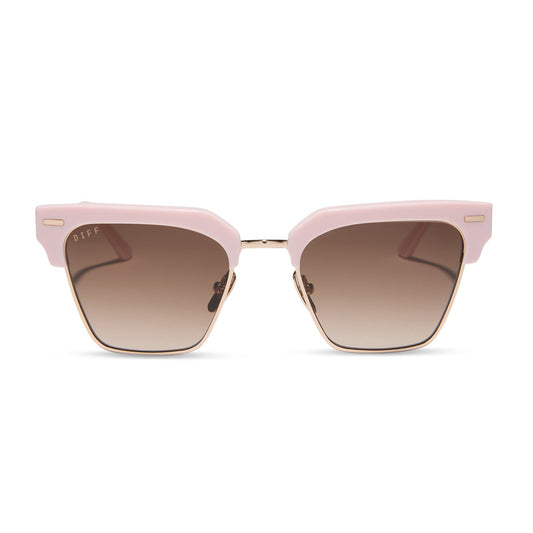 diff eyewear featuring the capri rectangle sunglasses with a powder pink with champagne frame and brown gradient lenses front view