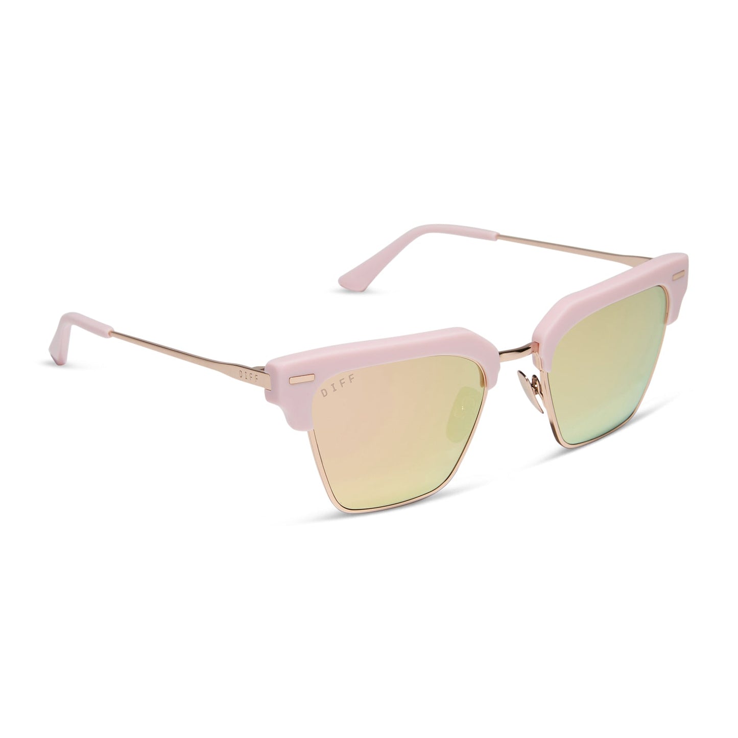 diff eyewear featuring the capri rectangle sunglasses with a powder pink with champagne frame and brown gradient lenses angled view