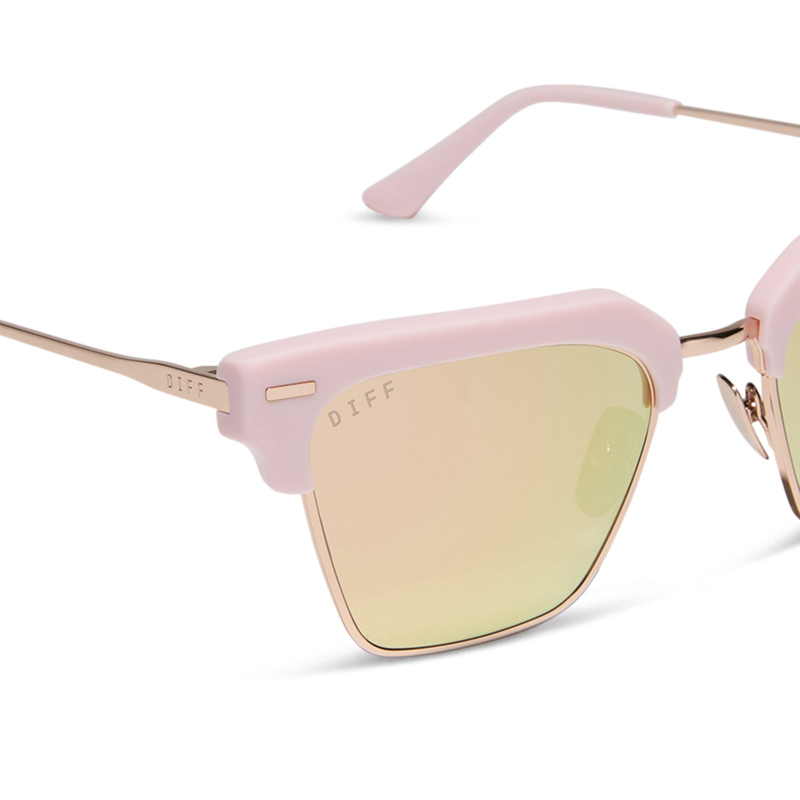 diff eyewear featuring the capri rectangle sunglasses with a powder pink with champagne frame and brown gradient lenses detailed view