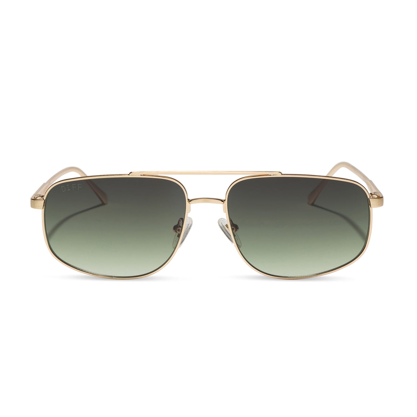 diff eyewear featuring the charley navigator sunglasses with a brushed gold metal frame and aloe green gradient lenses front view