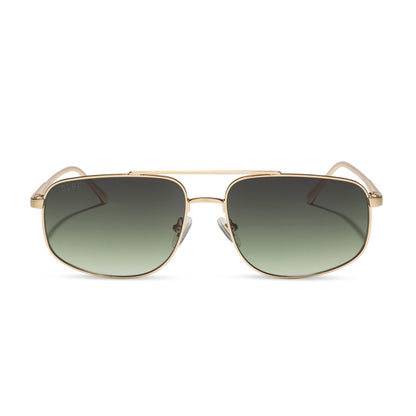 diff eyewear featuring the charley navigator sunglasses with a brushed gold metal frame and aloe green gradient lenses front view