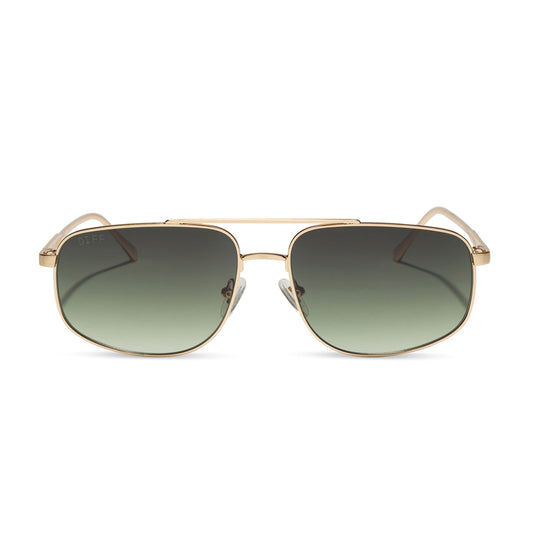diff eyewear featuring the charley navigator sunglasses with a brushed gold metal frame and aloe green gradient lenses front view