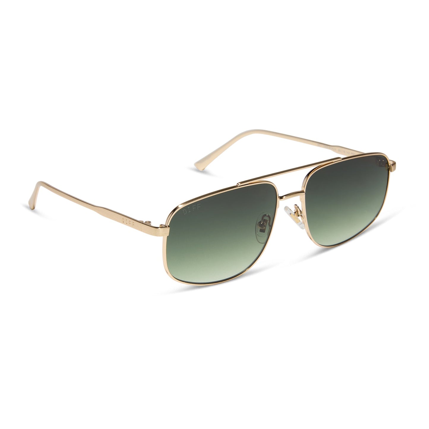 diff eyewear featuring the charley navigator sunglasses with a brushed gold metal frame and aloe green gradient lenses angled view