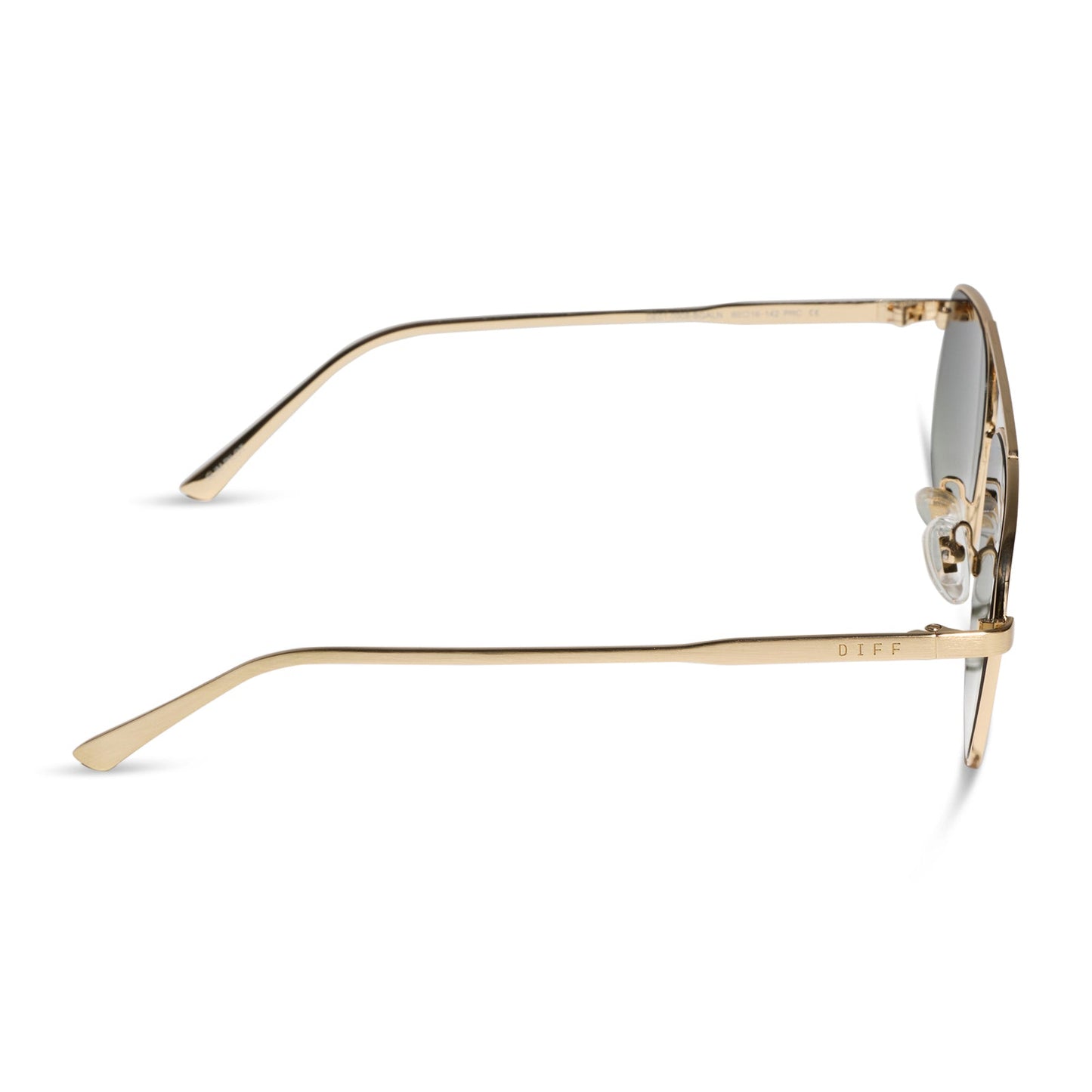 diff eyewear featuring the charley navigator sunglasses with a brushed gold metal frame and aloe green gradient lenses side view