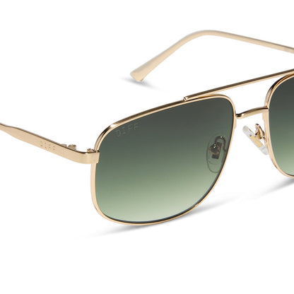 diff eyewear featuring the charley navigator sunglasses with a brushed gold metal frame and aloe green gradient lenses detailed view