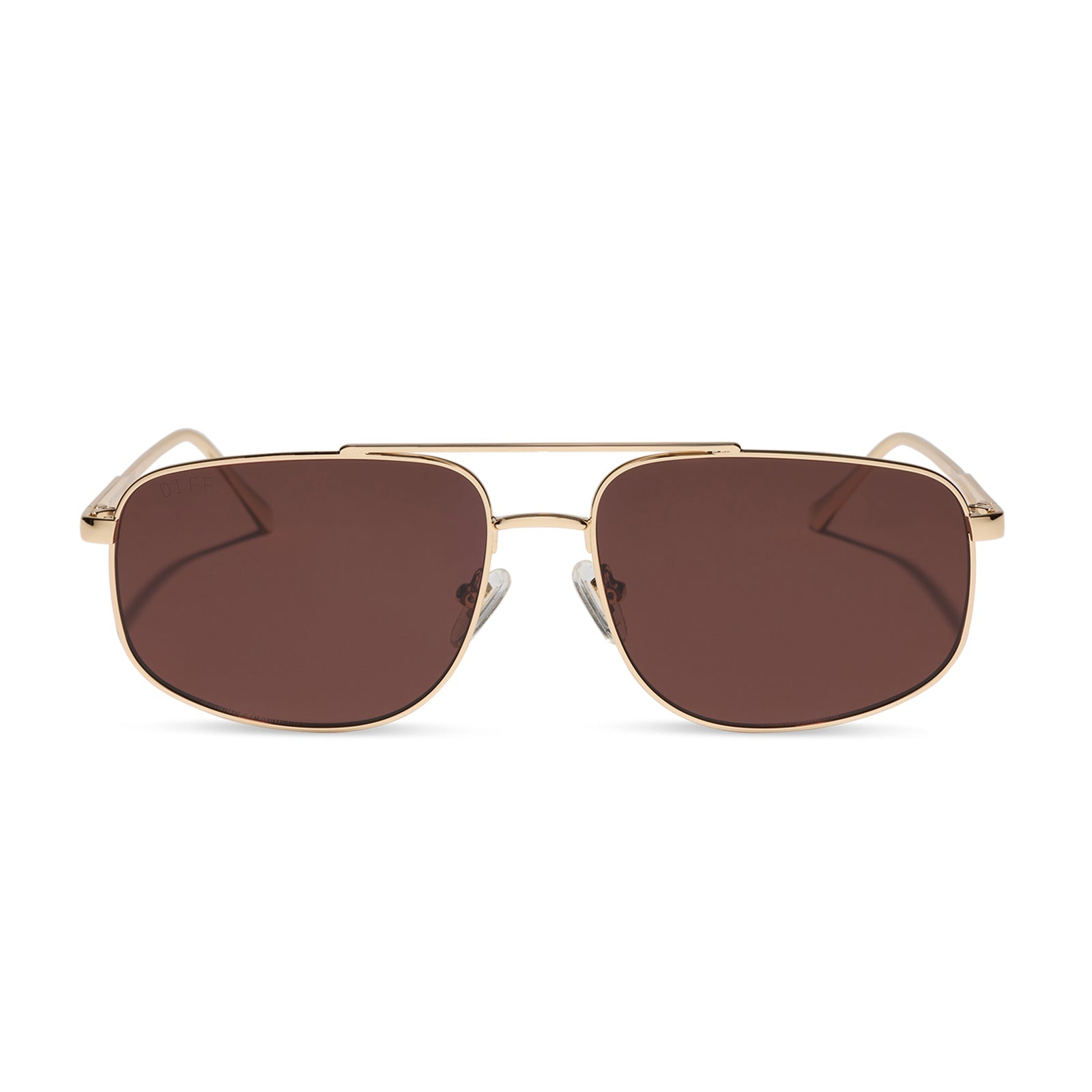 diff eyewear featuring the charley navigator sunglasses with a gold metal frame and brown polarized lenses front view