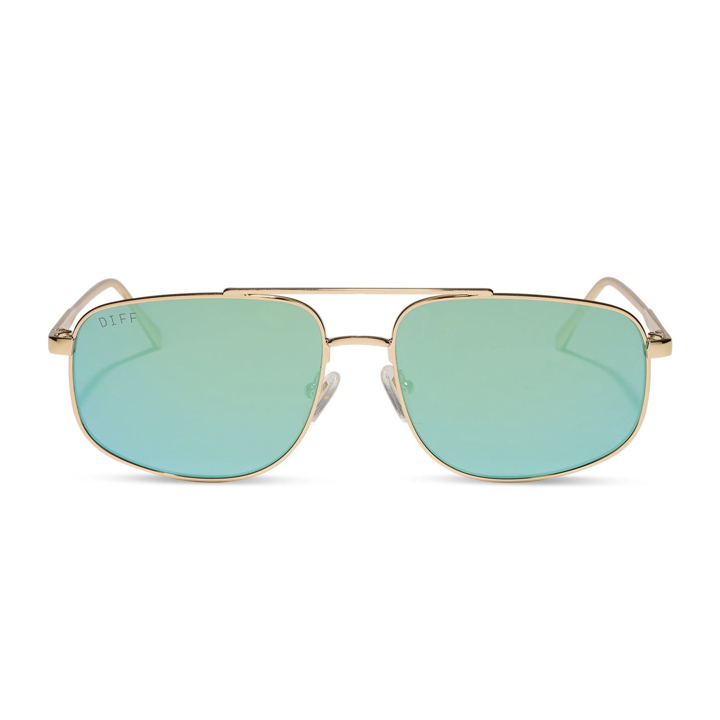 diff eyewear charley navigator sunglasses with a gold metal frame and dew drop blue mirrored lenses front view