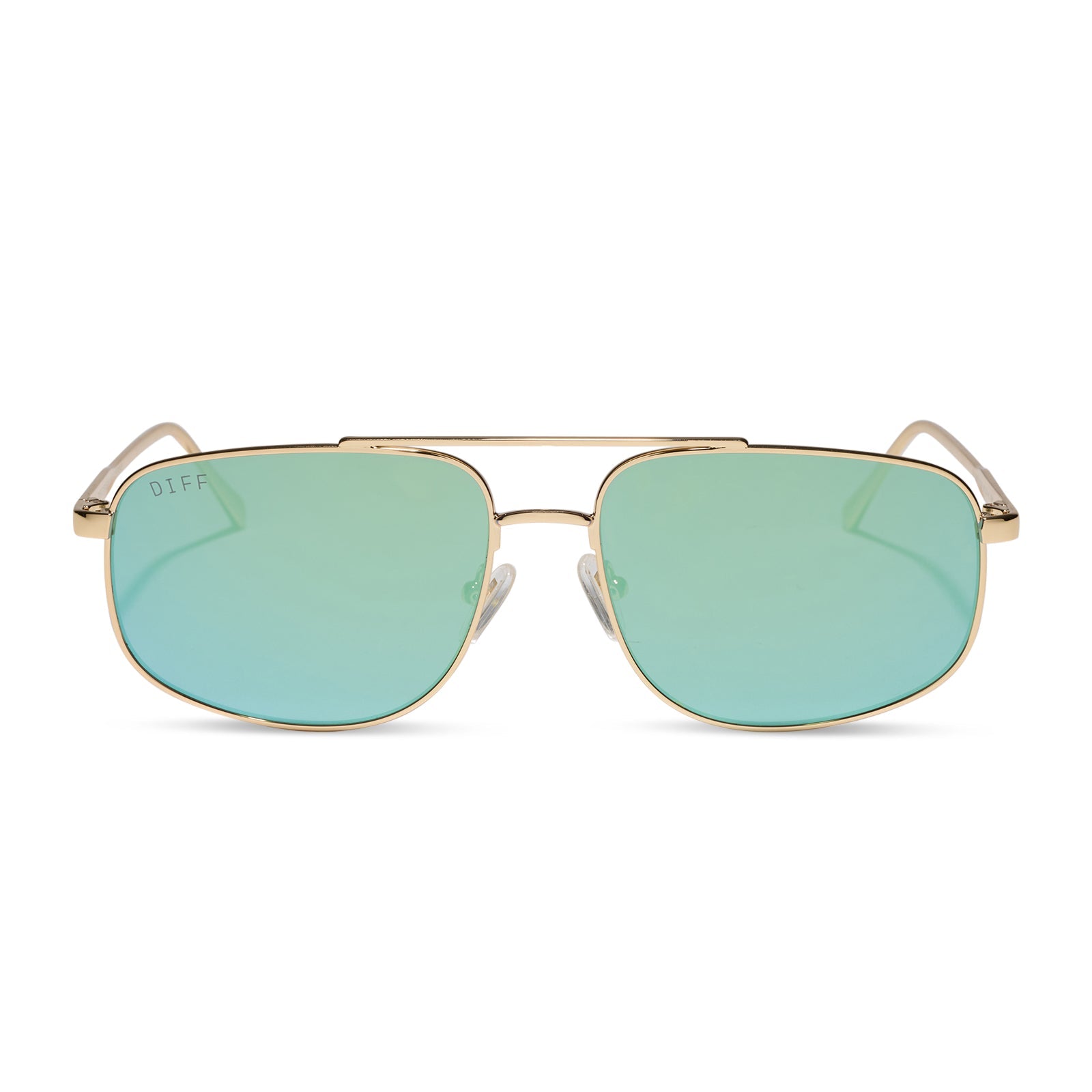 diff eyewear charley navigator sunglasses with a gold metal frame and dew drop blue mirrored lenses front view