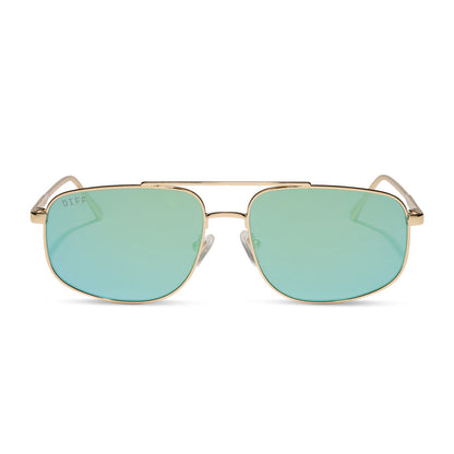 diff eyewear charley navigator sunglasses with a gold metal frame and dew drop blue mirrored lenses front view