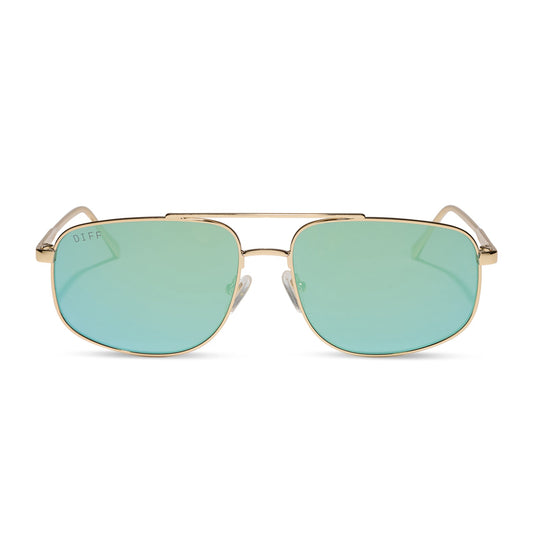 diff eyewear charley navigator sunglasses with a gold metal frame and dew drop blue mirrored lenses front view
