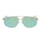 diff eyewear charley navigator sunglasses with a gold metal frame and dew drop blue mirrored lenses front view