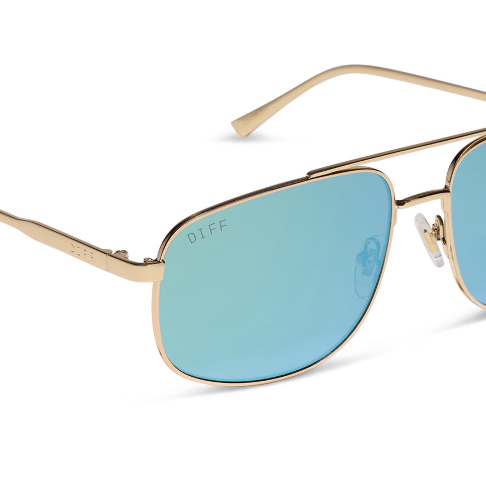 diff eyewear charley navigator sunglasses with a gold metal frame and dew drop blue mirrored lenses detailed view