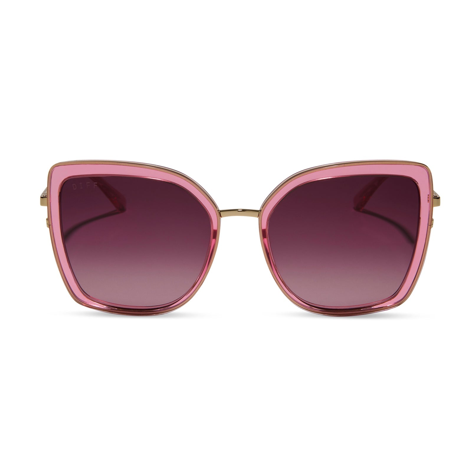 diff eyewear featuring the clarisse cateye sunglasses with a candy pink crystal frame and wine gradient lenses front view