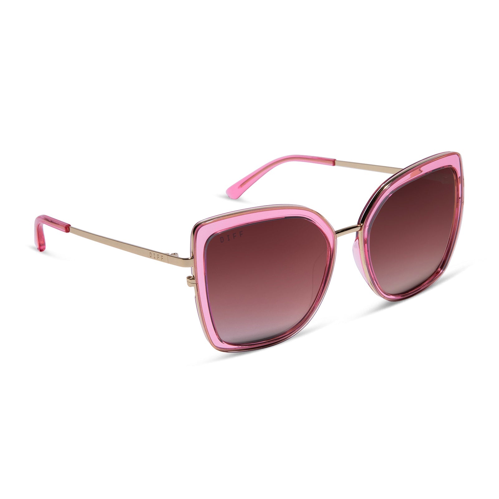 diff eyewear featuring the clarisse cateye sunglasses with a candy pink crystal frame and wine gradient lenses angled view