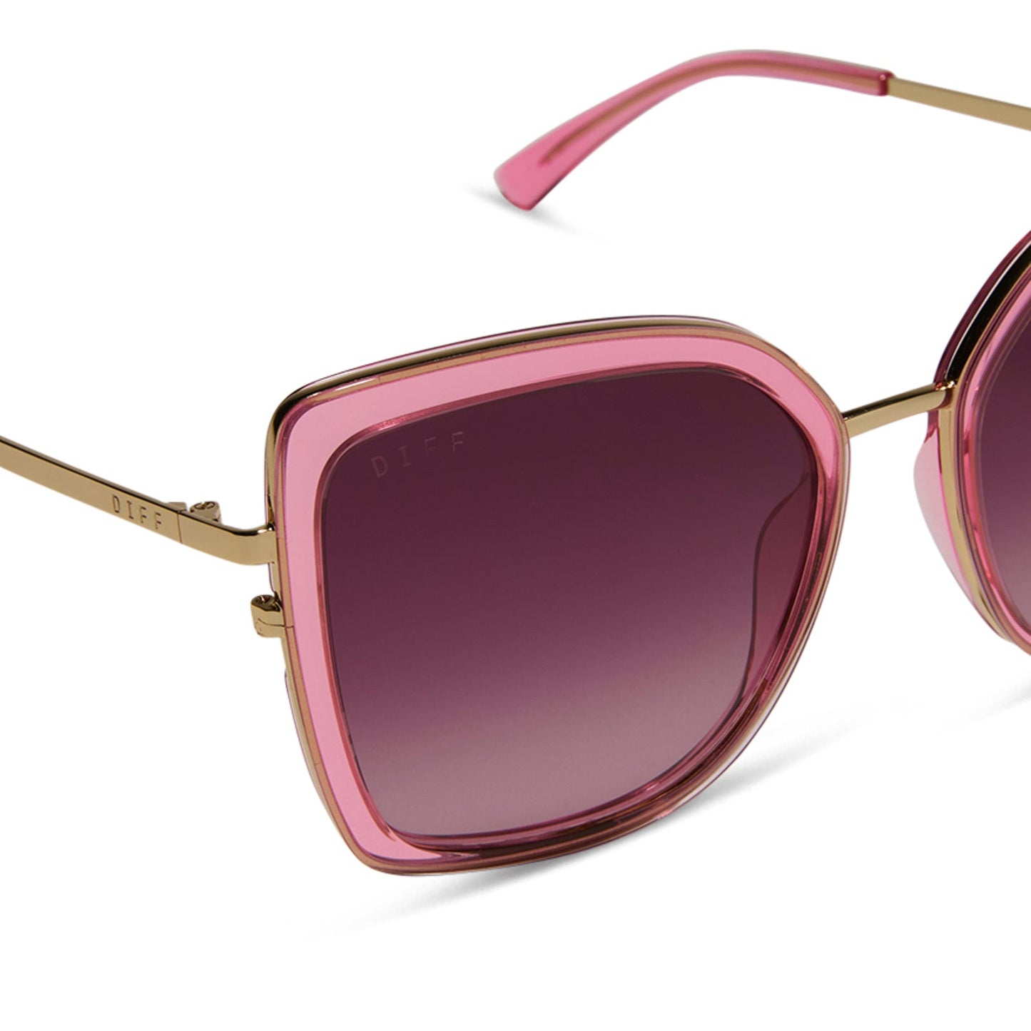 diff eyewear featuring the clarisse cateye sunglasses with a candy pink crystal frame and wine gradient lenses detailed view