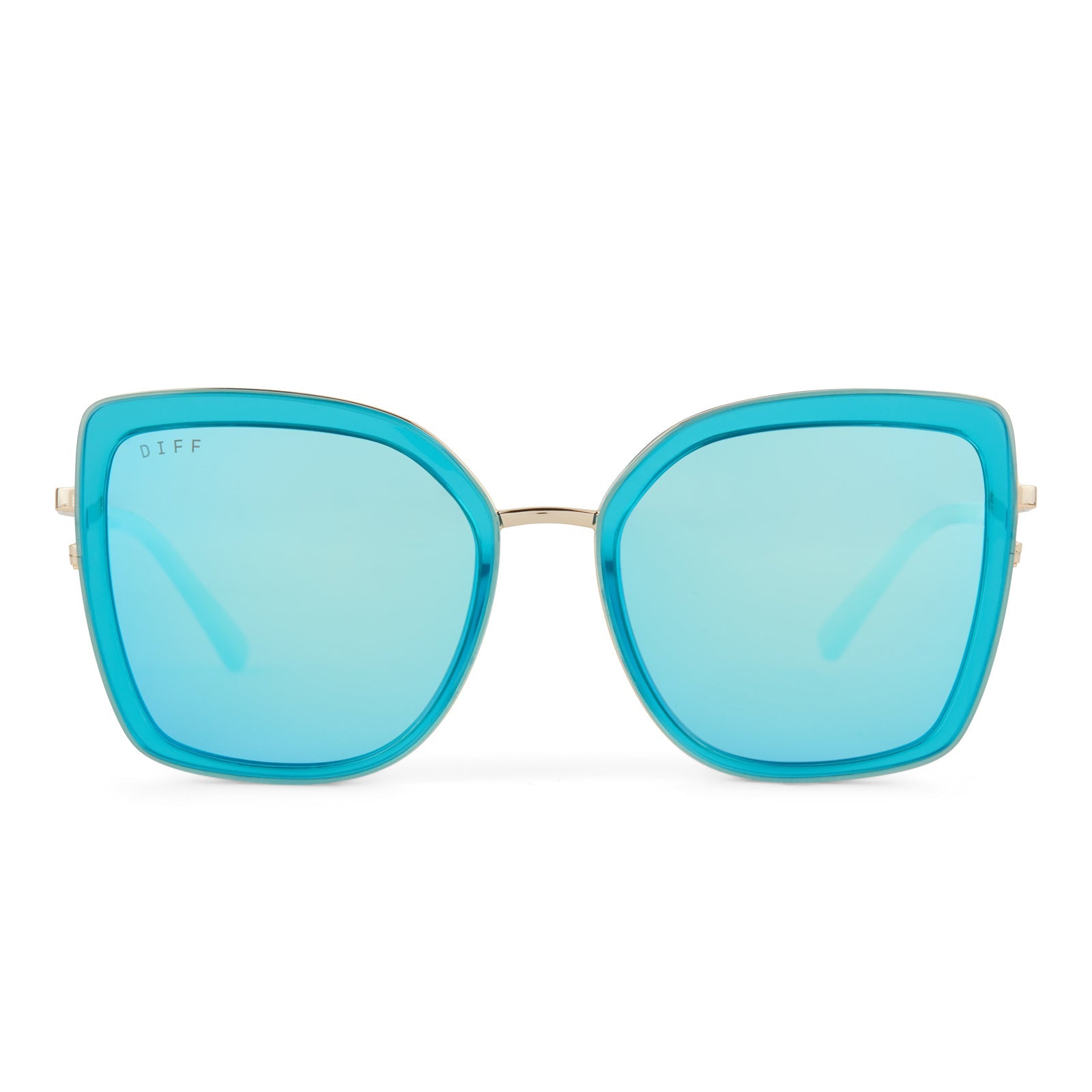 diff eyewear clarisse cat eye sunglasses with a turquoise ice crystal blue frame and gold metal legs and turquoise ice mirror lenses front view